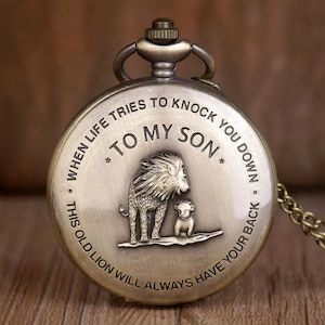 Vintage "To My Son" Lion Bronze Quartz Analog Pocket Watch