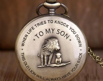 Vintage "To My Son" Lion Bronze Quartz Analog Pocket Watch