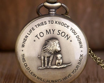 Vintage "To My Son" Leeuw Brons Quartz Analoog Zakhorloge