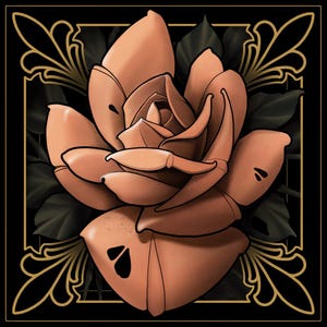Puede incluir: Una sola rosa de color melocotón sobre un fondo verde oscuro. La rosa está en un marco dorado con detalles ornamentados.