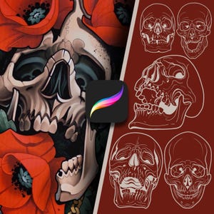 Może przedstawiać: Cyfrowa ilustracja czaszki z czerwonymi makami. Czaszka jest w ciemnym, gotyckim stylu. Obraz jest podzielony na dwie sekcje. Lewa strona pokazuje czaszkę z makami, a prawa strona pokazuje szereg zarysów czaszek w różnych pozach.