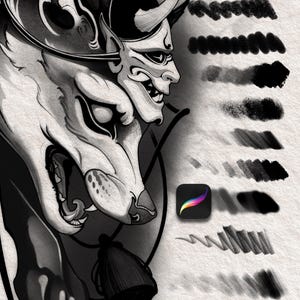 May include: Black and white illustration of a wolf and a Japanese demon mask. The image includes brush stroke samples and the Procreate app logo. The artwork is on a textured, off-white background.