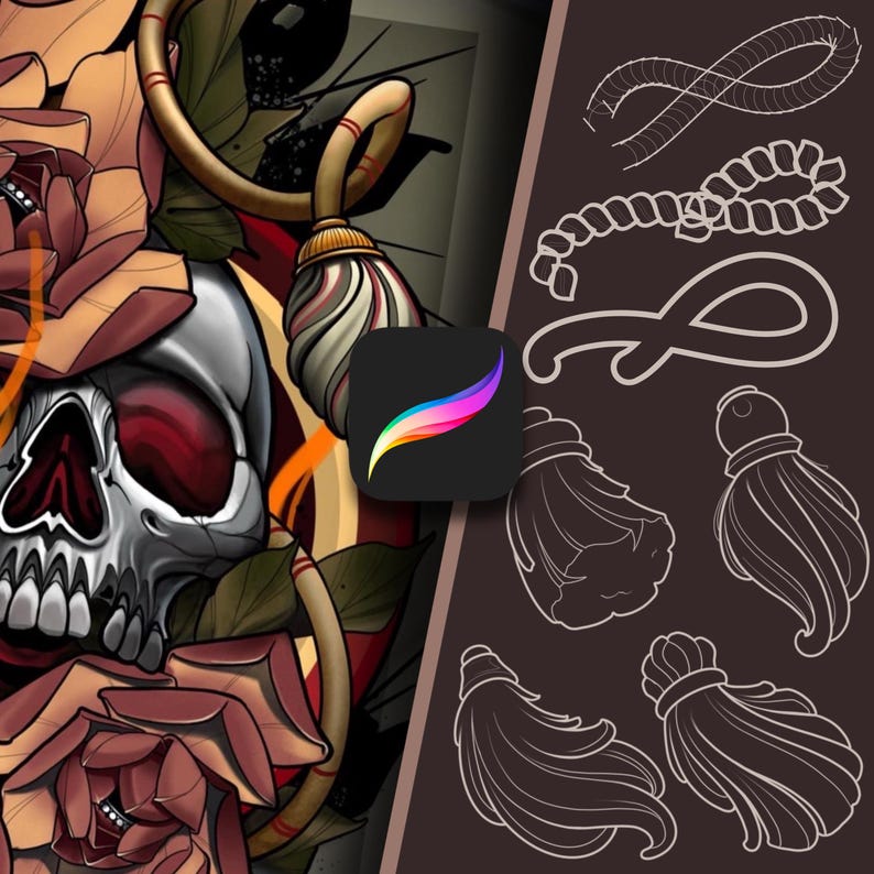 Tattoo design elements: skull with roses, paintbrush, and various rope and tassel designs in grayscale and dark tones.  The skull is detailed with red accents.  The tassels are shown in multiple styles and orientations.  The ropes are depicted in various shapes and thicknesses.  The overall style is dark and intricate, suitable for tattoo inspiration or flash sheets.