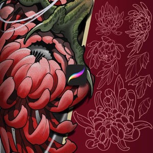 Neo traditional chrysanthemum brush for tattoo sketch. Procreate brush kit on iPad. Flowers for tattoo sketch. Hight quality tattoo stencil.