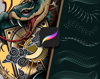 ネオトラディショナル スネーク ブラシ セット: 14 種類の Procreate タトゥー スタンプ ブラシ (デジタル ダウンロード)