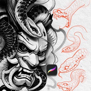 Könnte beinhalten: Schwarz-Weiß-Illustration einer japanischen Dämonenmaske mit Schlangen. Auf der rechten Seite befinden sich rote Schlangenkopfskizzen. Das Procreate App-Symbol befindet sich unten rechts. Tattoo-Kunststil.