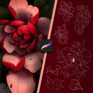 Neotraditional Peony Brush Set for Procreate – Custom Tattoo Flower Templates for iPad Sketching.Hight quality tattoo stencil.