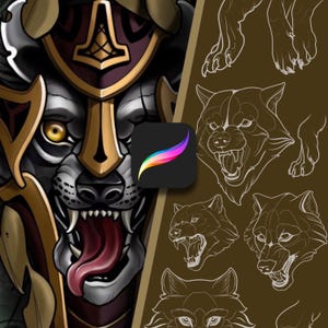 May include: A digital illustration of a wolf's head wearing a helmet with gold accents. The wolf's head is in the foreground and the background is a brown surface with several line drawings of wolf heads and paws.