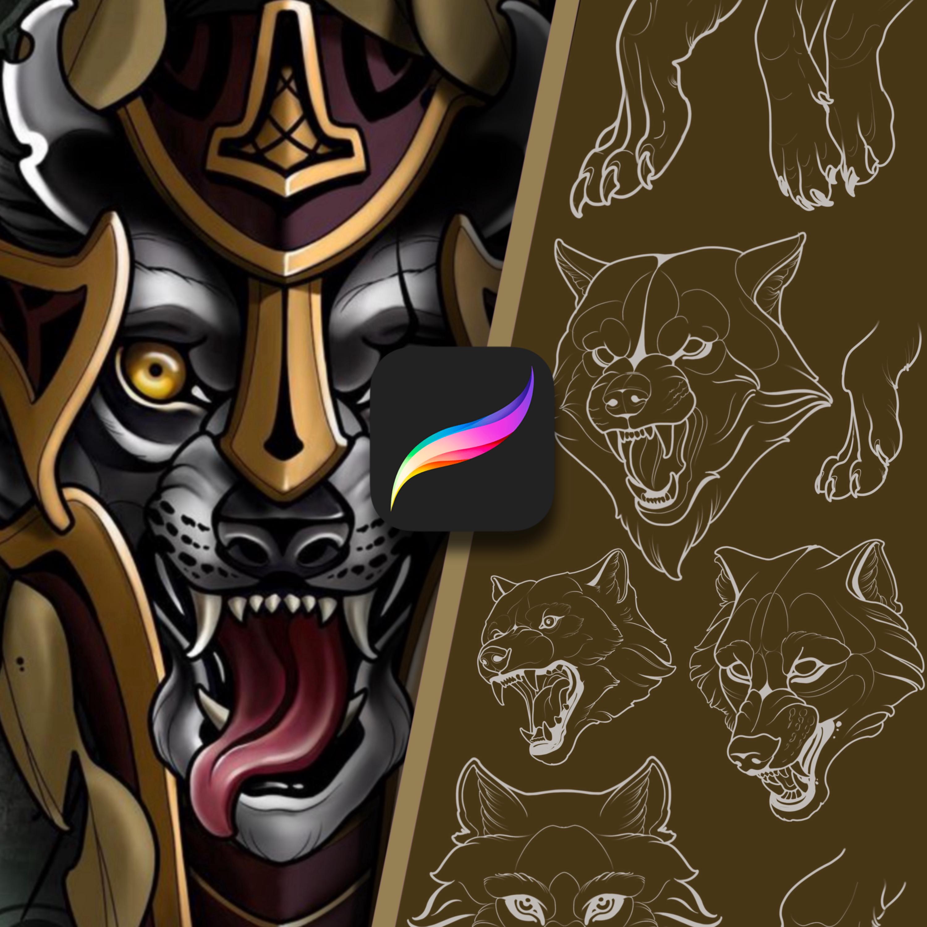Wolf Head & Paw Procreate Brushes: Tattoo Stamp Set