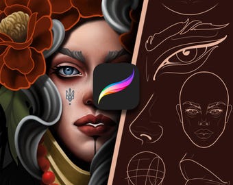 Procreate フェイスブラシセット：タトゥースケッチスタンプ 17 個（デジタルダウンロード）