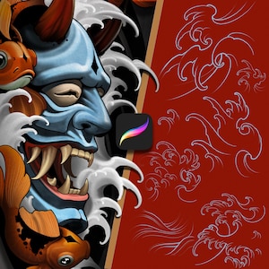 Puede incluir: Ilustración digital que presenta una máscara de demonio azul, peces koi naranjas y olas blancas. La obra de arte se encuentra sobre un fondo rojo con bocetos de olas y un icono de la aplicación Procreate.