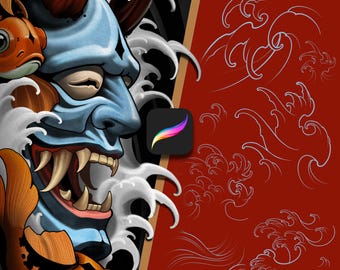 Japanese Wave Procreate Brushes: Tattoo Flash Stamps (Digital Download)