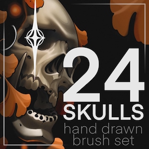 May include: Digital art featuring a detailed skull illustration with orange leaf accents against a black background. The number "24" is prominently displayed in white, along with the text "SKULLS hand drawn brush set".