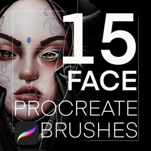 May include: Digital illustration of a woman's face with a grid overlay. The image includes the text "15 FACE PROCREATE BRUSHES" and the Procreate app logo. The background is black.