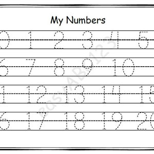 May include: A black and white worksheet with the title "My Numbers" and dotted lines for tracing the numbers 0 through 20.
