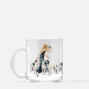 Borzoi Regalos Arte de moda Taza de vidrio Taza de café Taza de té Taza de café Regalo para su arte de moda Pintura de boceto de moda Taza de Navidad