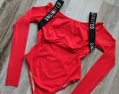 Long Sleeve Workout Swimsuit Red and Black Adjustable High Leg Bodysuit Beach Surf Rashguard Fitness Gym Bodysuit Party One-Piece Monokini