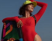Long Sleeve Swimsuit Red and Black Adjustable High Leg Bodysuit Beach Surf Rashguard Sports Top Bodysuit Party One-Piece Monokini