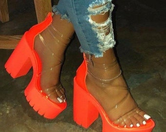 clear heels chunky heel