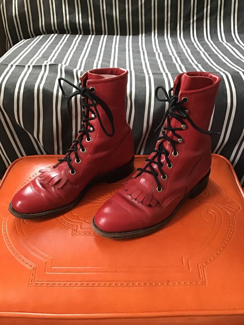 Vintage Justin roper boots red leather lace up 5C vtg 1990s | Etsy