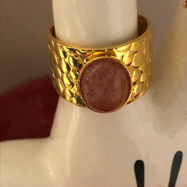 Bague réglable or24k pierre naturelle demi précieuse quartz fraise