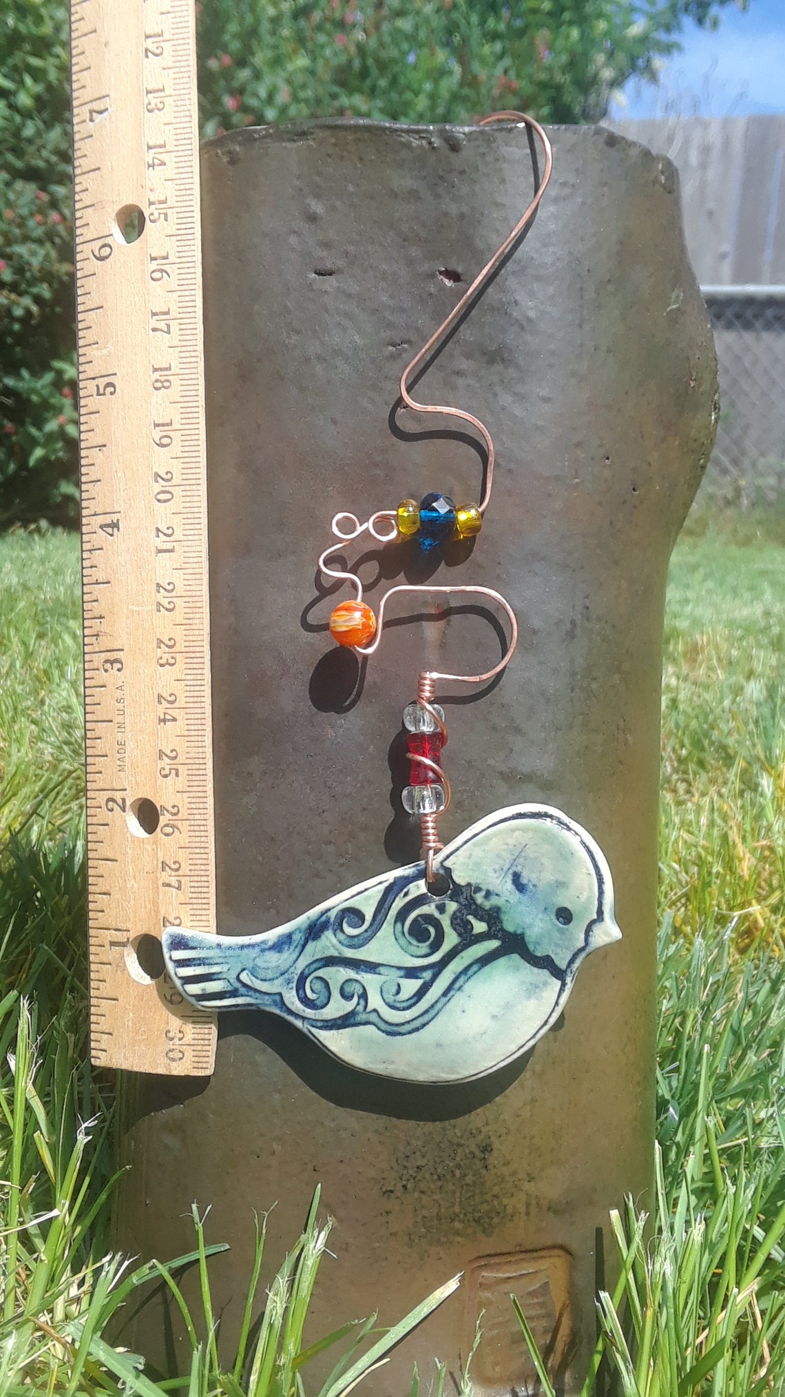 Handmade hanging ceramic bird ornament beaded and wire Etsy