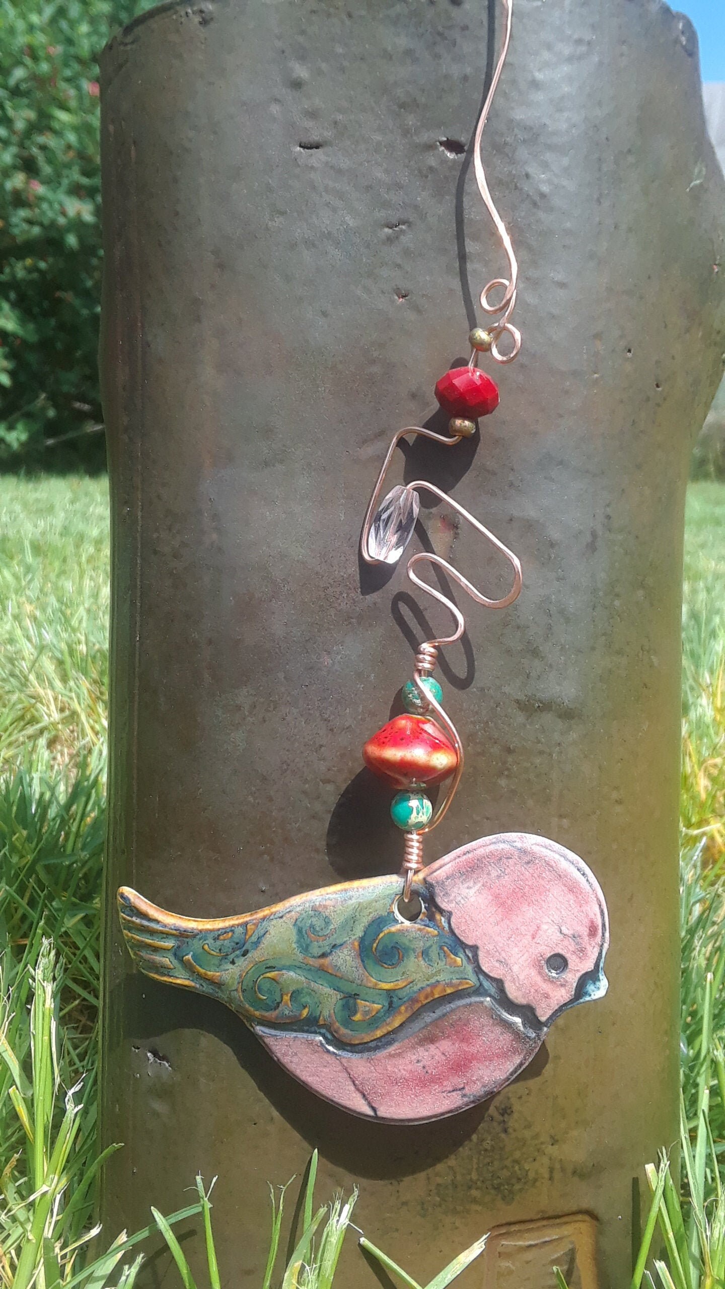 Handmade hanging ceramic bird ornament beaded and wire Etsy