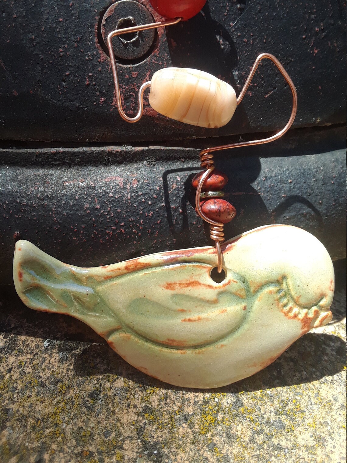 Handmade ceramic hanging bird ornament beaded wire wrapped Etsy