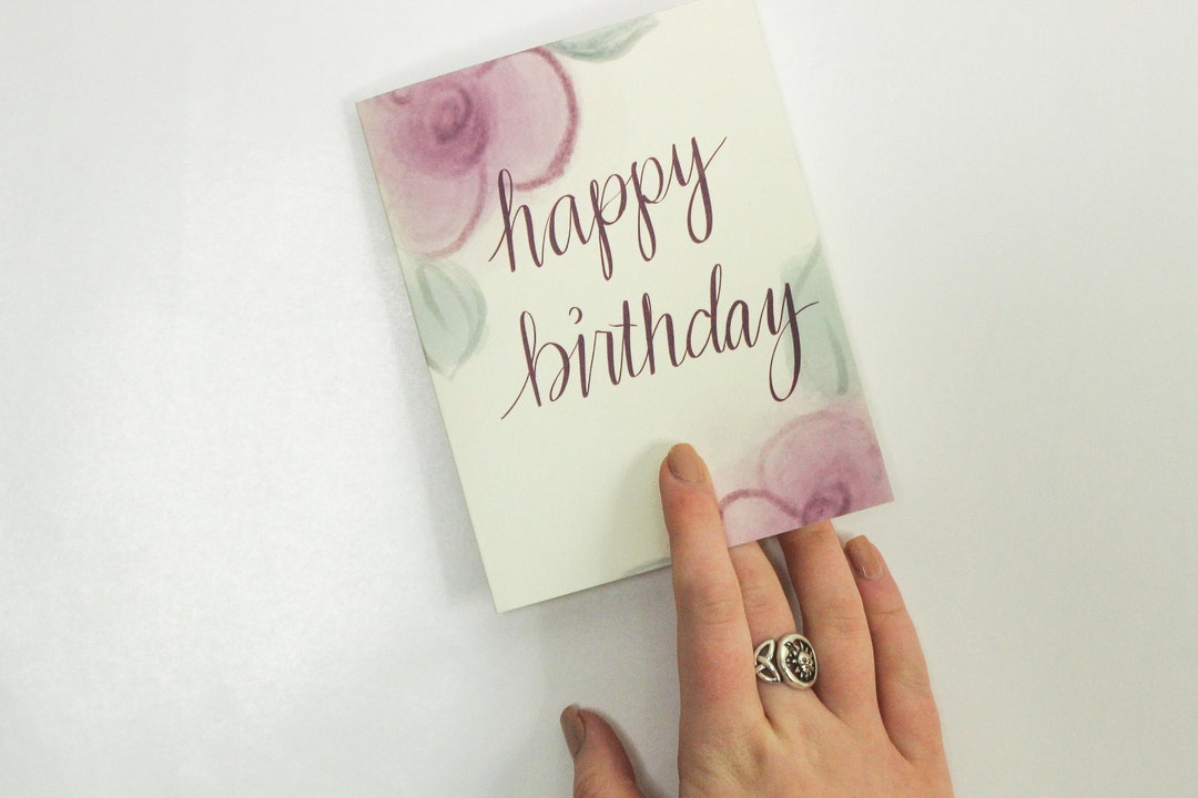 Happy Birthday pink Watercolor Flowers Card, Blank Inside Occasion Card ...