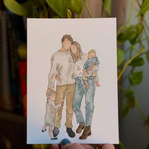 May include: Watercolor painting of a family of four. The parents are standing close together, with the mother holding a young child in her arms. A younger child is standing next to the father, holding onto his leg. The family is dressed in casual clothing, with the parents wearing jeans and the children wearing shirts and shorts.