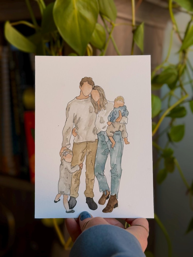 May include: Watercolor painting of a family of four. The parents are standing close together, with the mother holding a young child in her arms. A younger child is standing next to the father, holding onto his leg. The family is dressed in casual clothing, with the parents wearing jeans and the children wearing shirts and shorts.