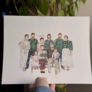 May include: A watercolor painting of a family portrait. The family is posed in a group, with the adults standing and the children sitting. The adults are wearing green shirts and the children are wearing a variety of colors. The painting is done in a realistic style and the colors are bright and vibrant.