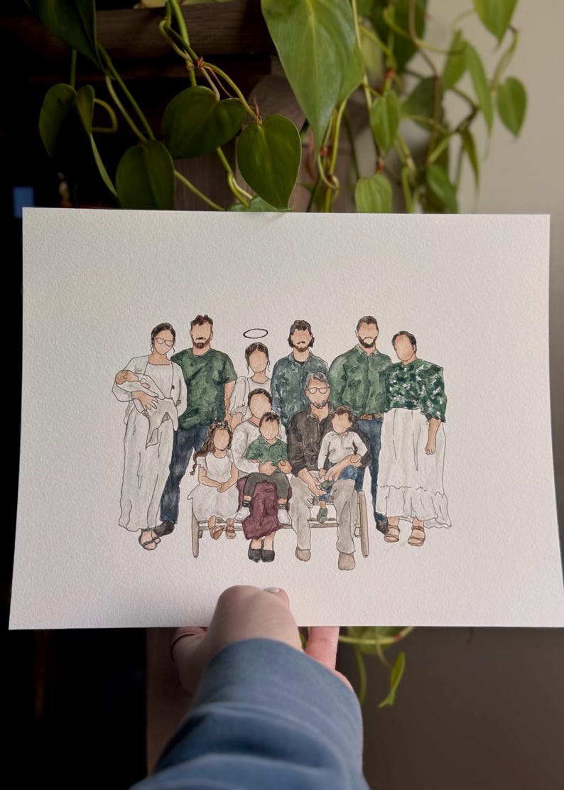 May include: A watercolor painting of a family portrait. The family is posed in a group, with the adults standing and the children sitting. The adults are wearing green shirts and the children are wearing a variety of colors. The painting is done in a realistic style and the colors are bright and vibrant.