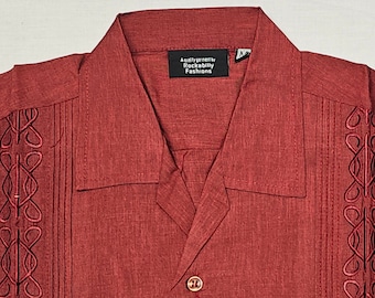 Dark Red Cuban Shirt Swing Rockabilly 50s jive guayabera retro men&#39;s Latin with embroidery. 100% cotton. Short sleeves. Vintage style summer