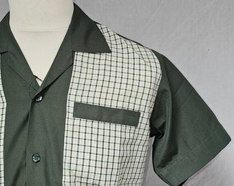 Green Check Shirt Swing Rockabilly 50s retro men's shirt with panels. 100% cotton. Short sleeves. Vintage style summer bowling Elvis