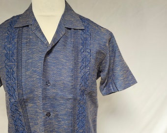 Dark Blue Cuban Shirt Swing Rockabilly 50s guayabera retro men's shirt with embroidery. 100% cotton. Short sleeves. Vintage style summer