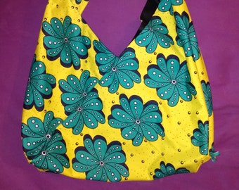 Yellow African fabric large shopping bag. Handmade shoulder bag. Ankara wax bold pattern.