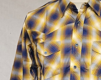 Vintage Style Yellow Blue Check Shirt in Western / Swing style. Country plaid 50s retro mens shirt with rockabilly era details. 100% cotton