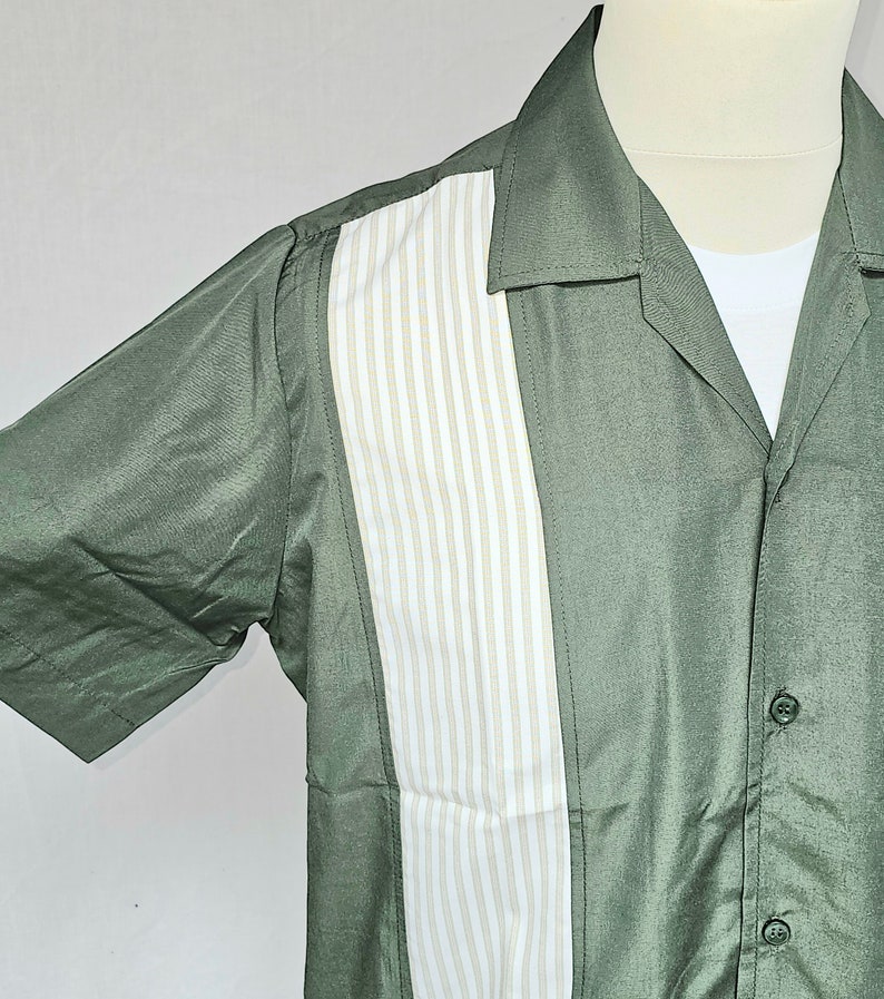 Khaki & Stripe Bowling Shirt. Swing Jive Rockabilly 50s. 100 Cotton