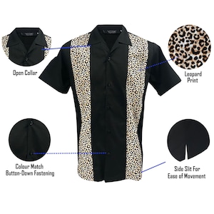 Può includere: Camicia nera a maniche corte con colletto abbottonato e stampa leopardata sul davanti. La camicia ha uno spacco laterale per facilitare il movimento.