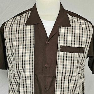 Brown Check Shirt Swing Rockabilly 50s retro men&#39;s shirt with panels. 100% cotton. Short sleeves. Vintage style summer bowling Elvis