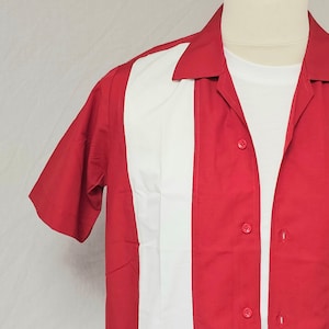 Red White Bowling Shirt. Swing Rockabilly 50s retro men&#39;s panel shirt. 100% cotton. Short sleeves. Vintage summer bowling Elvis Rock N Roll