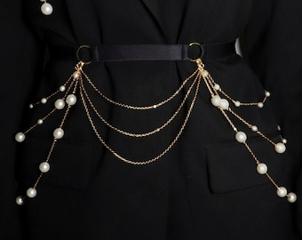 Evening belt decorated with chains and glass beads