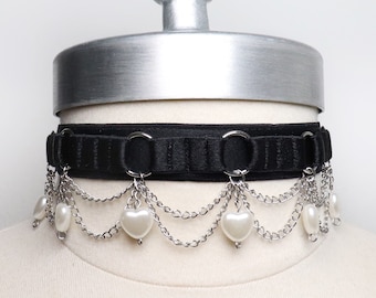 Satin choker with chains and heart shaped beads