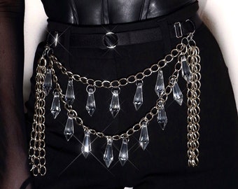 Belt with chains and crystal style glass pendants