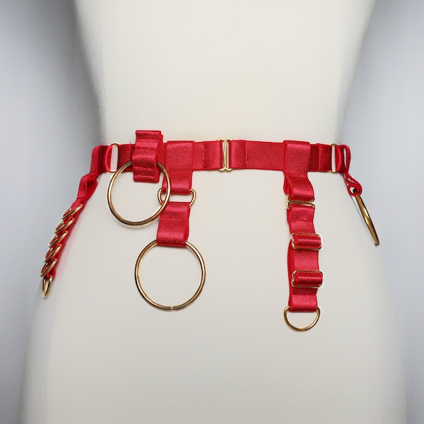 Ceinture de taille en satin avec O rings dorés et autres sliders