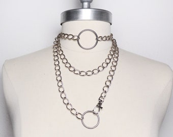 Three-row necklace with silver color chain and O ring // Chain choker // Layered necklace