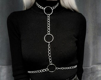 Underbust silver color chain harness and triple O ring // Chain choker // Handmade harness