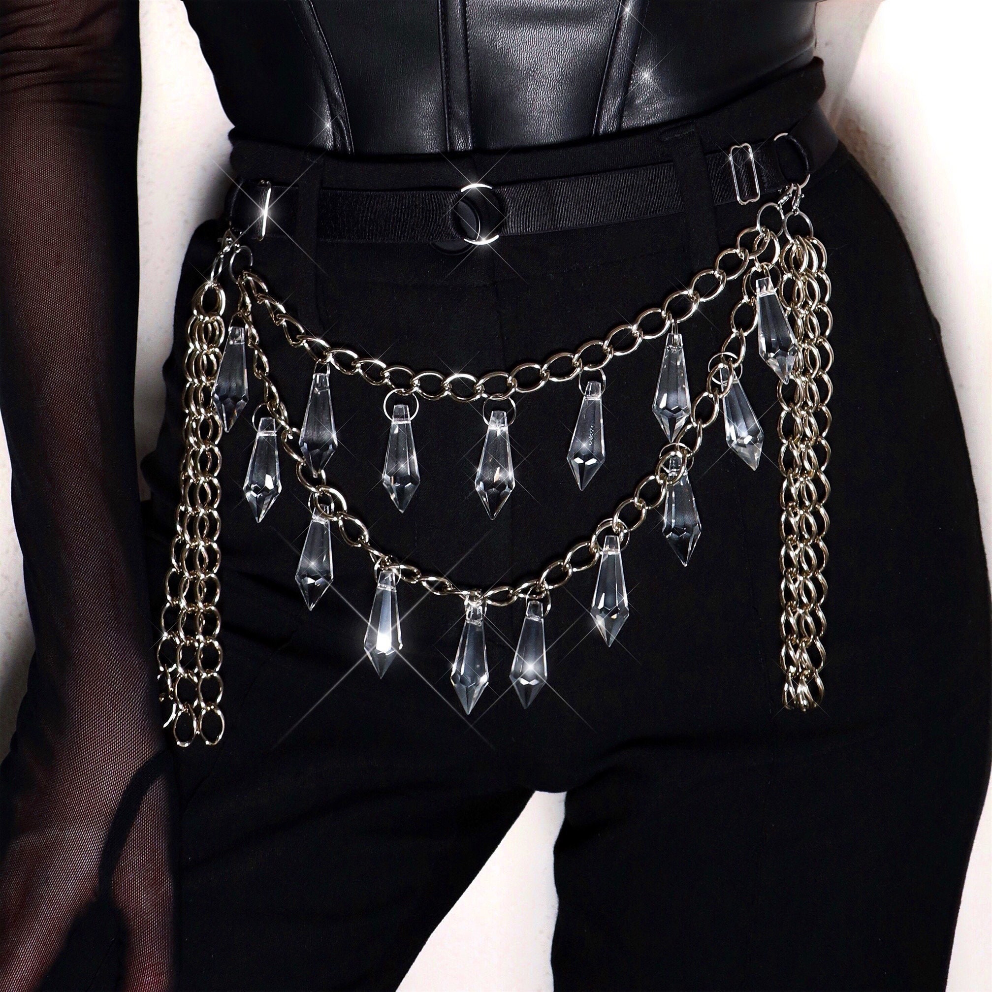 Belt With Chains and Crystal Style Glass Pendants Etsy Israel