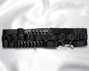 Wide three-row satin elastic belt with chains and O rings